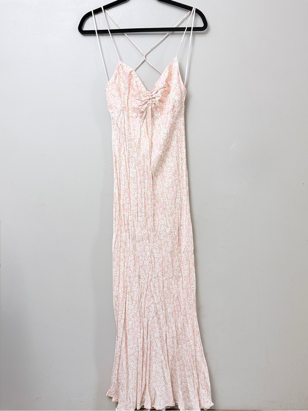 Zara Pink Daisy Floral Slip Maxi Dress Ruched Tie Front Satin size L - Picture 2 of 7